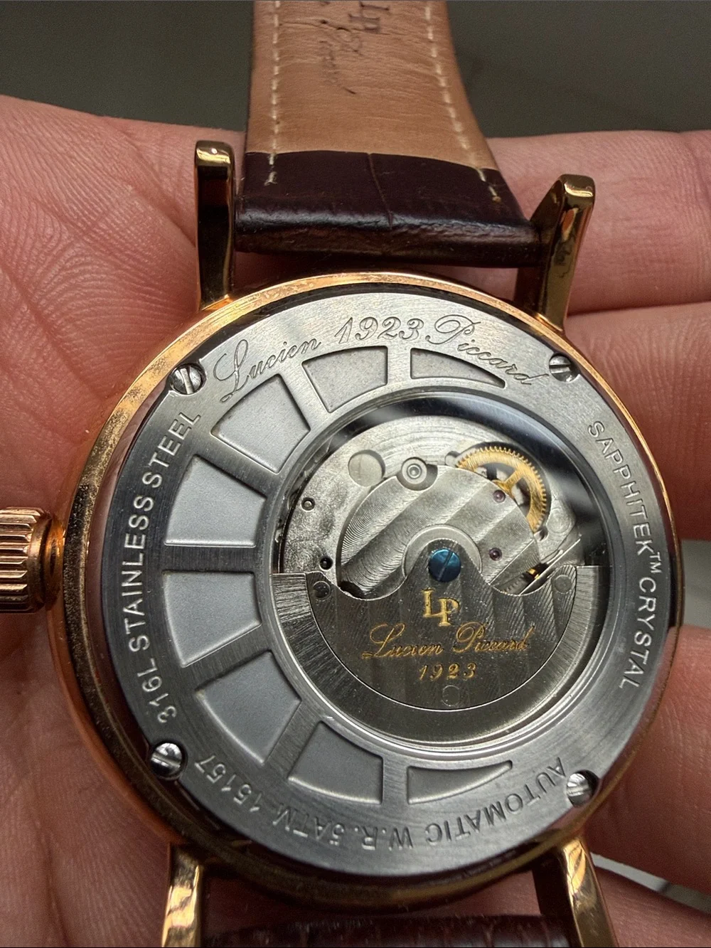 Lucien Piccard Brown Leather Watch with Rose Gold Case and Silver Dial